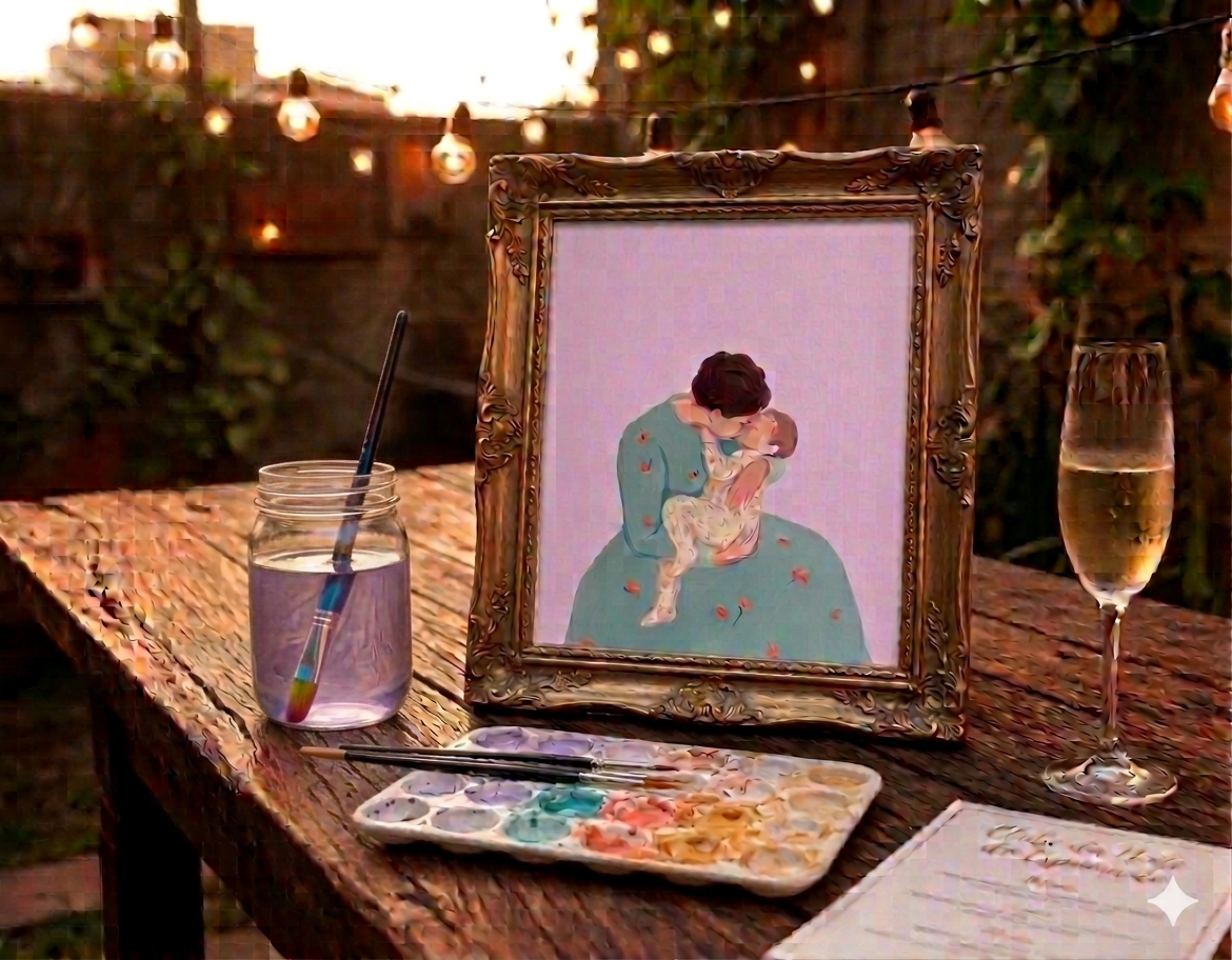 Pintura emoldurada de mãe abraçando bebê sobre mesa rústica com pincéis, aquarela e taça de espumante, ao pôr do sol com luzes pendentes.